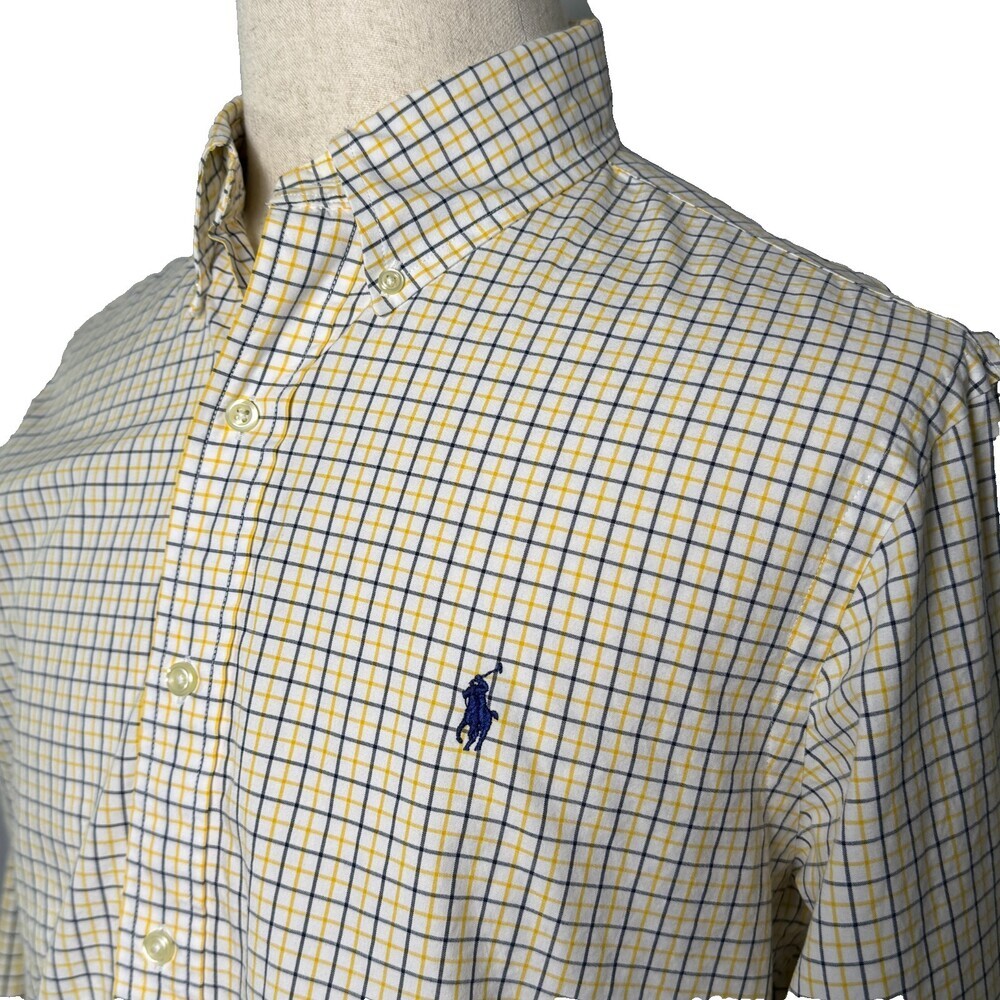 Polo Ralph Lauren Men's Large Slim Fit Button Up Shirt Yellow Navy Blue Plaid